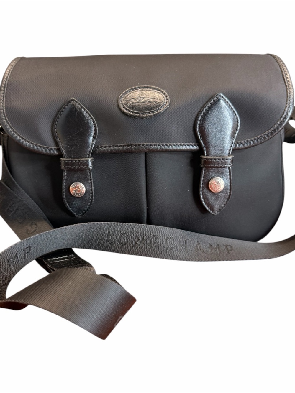 Longchamp Black Nylon Messenger Bag with Leather Trim